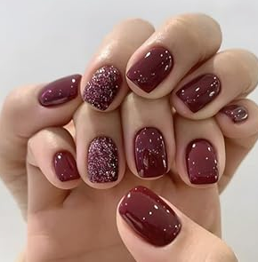 Bellelfin Burgundy Press on Nails Christmas, 24pcs Red Press on Nails Short Square with Glitter Design for Christmas, Glossy Full Cover Acrylic Fake Nails for Women