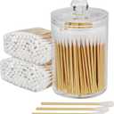 Bamboo Cotton Swabs with Plastic Holder, 200 Count (3 Inch)  Multi-Purpose Cotton Swabs for Makeup, Pet Ear Care & Household Detailing, Clear Storage Jar