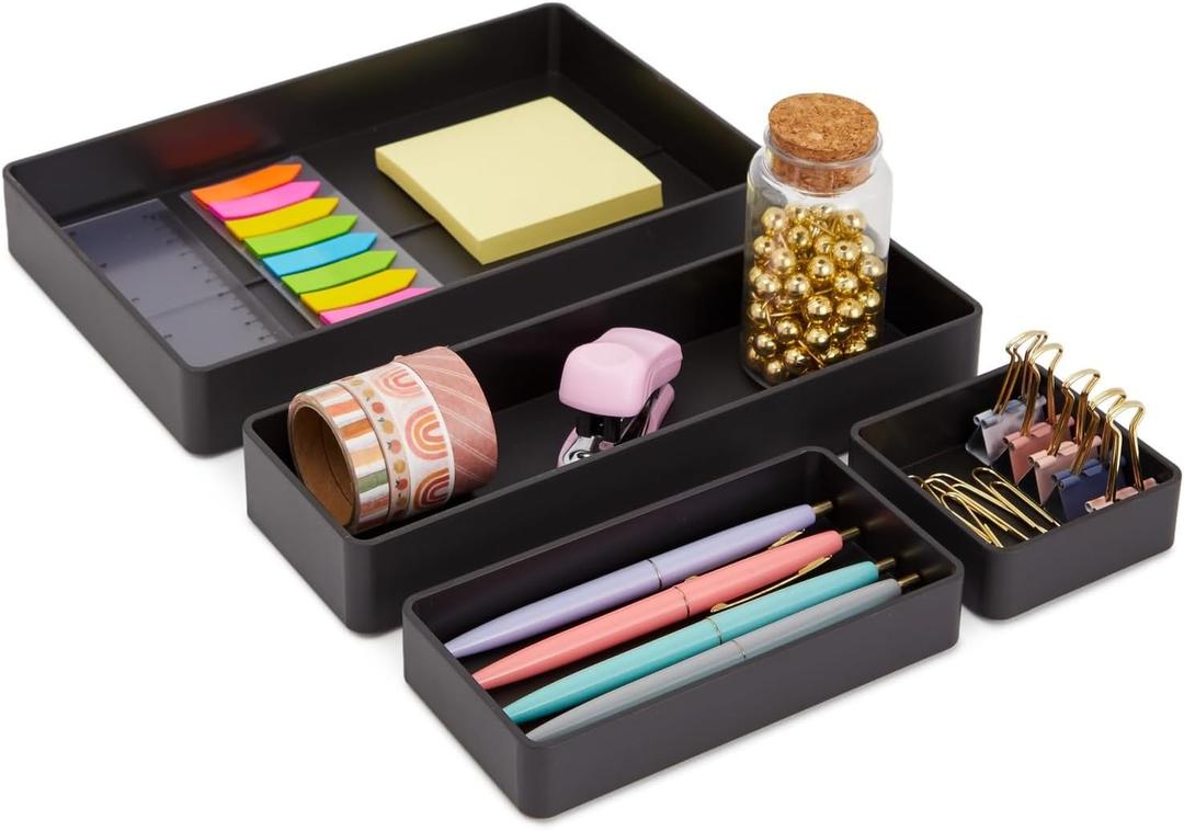 Stockroom Plus Set of 4 Plastic Drawer Organizer Trays, Black, 4 Assorted Sizes, Ideal for Cosmetic, Office, Classroom, and Computer Table Use