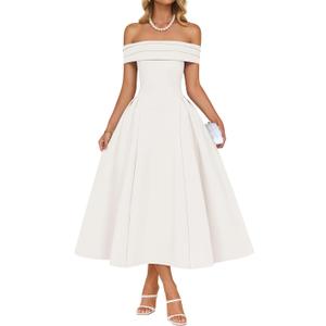 ZESICA Cocktail Dresses for Women's Elegant Off Shoulder Short Sleeve Swing A Line Wedding Evening Party Midi Dress, White, Large