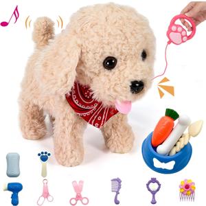 Interactive Walking Plush Puppy Toy Dog, Remote Control Electronic Robot Dog Realistic Wagging Tail, Rich Grooming Set, Gift Toy for Girls & Boys, Kids Age 3, 4, 5, 6 (Accessories Updated) (Golden)