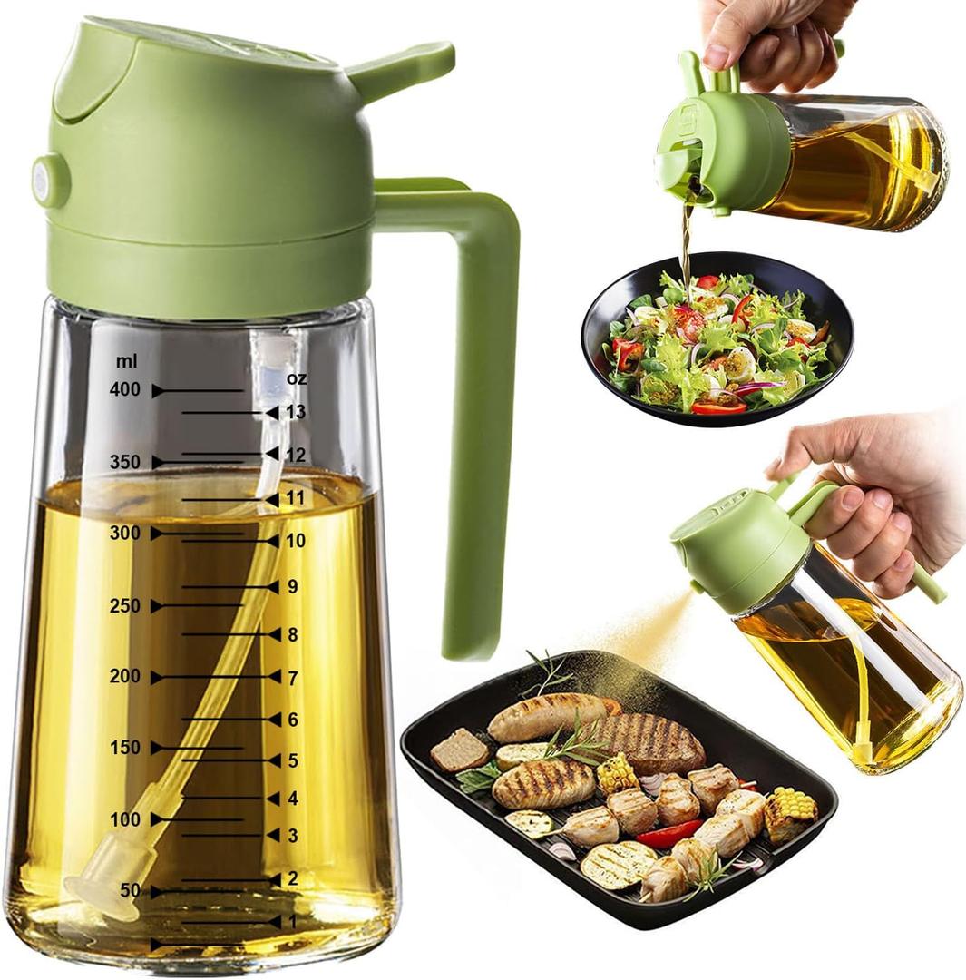 TrendPlain 16oz/470ml Glass Olive Oil Sprayer for Cooking  2 in 1 Olive Oil Dispenser Bottle for Kitchen Gadgets and Air Fryer Accessories, Salad, BBQ - Green