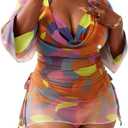 YELAIVP Women's Plus Size Halter String Triangle Bikini Sets 3 Piece Swimsuits with Side Ruched Drawstring Cover Up (X-Large, 185 Yellow Print)