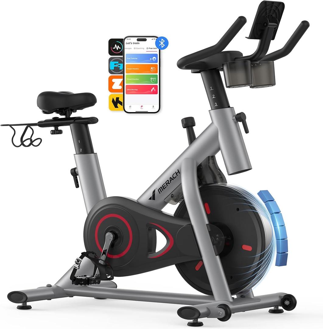MERACH Exercise Bike, Brake Pad Stationary Bike with Exclusive App, Low Noise Indoor Cycling Bike with 300lbs Weight Capacity, Tablet Mount and Fitness Courses for Weight Loss (Magnetic-Grey)
