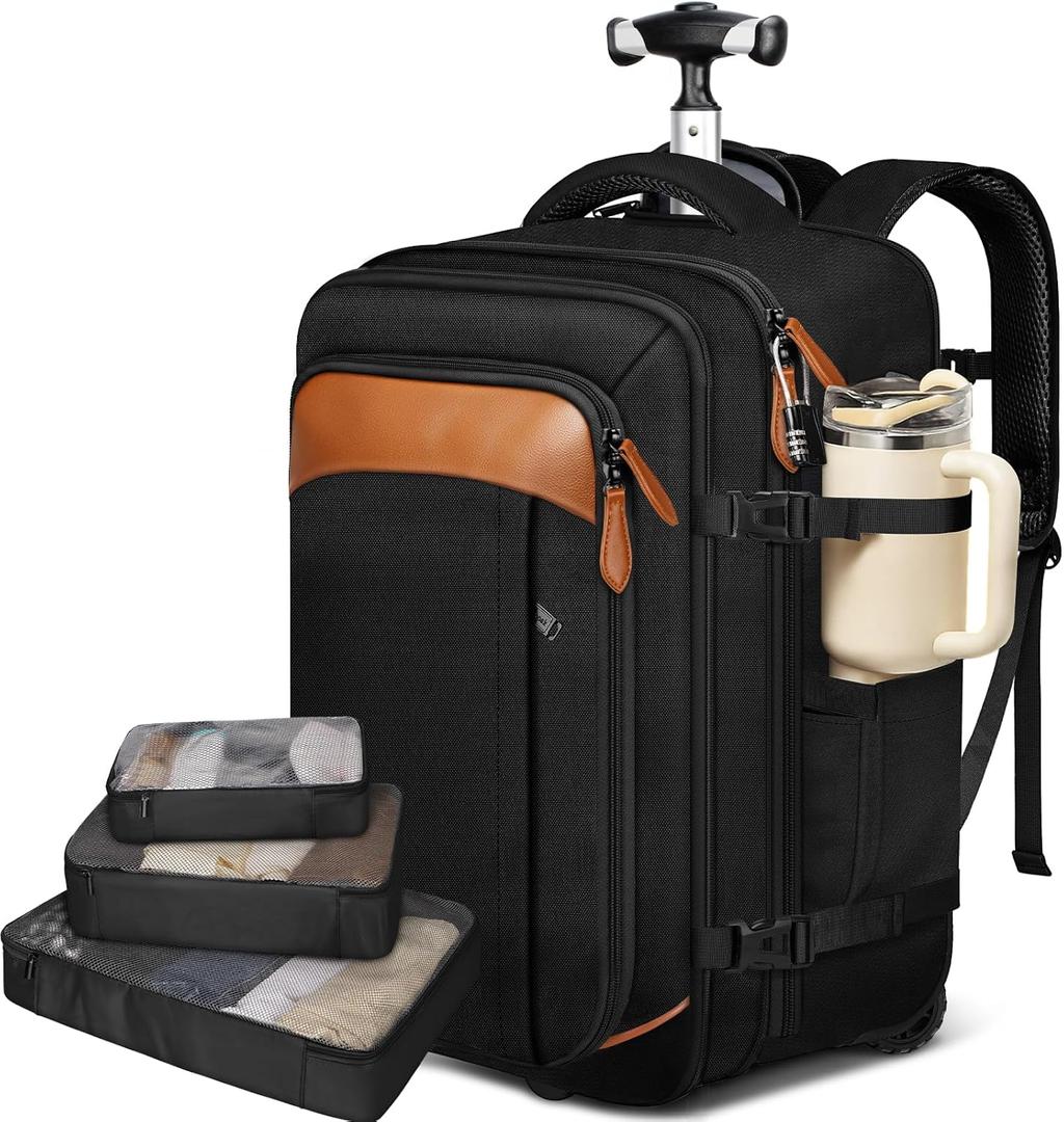 Vancropak Travel Backpack with Wheels, 17 inch Carry On Flight Approved Wheeled Laptop Backpack with 3 Packing Cubes, Expandable Water Resistant Lightweight Roller Backpack for Business, Black Brown