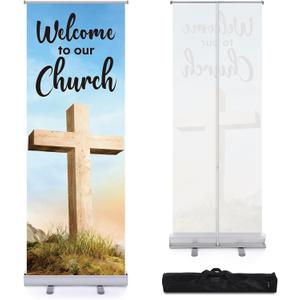 Ceenna 24 x 63 Inch Welcome to Our Church Banner, Religious Retractable Banner with Aluminum Silver Stand Fast Setup and Tear Down Pop up Display Sign with Bag for Church Sunday School Event