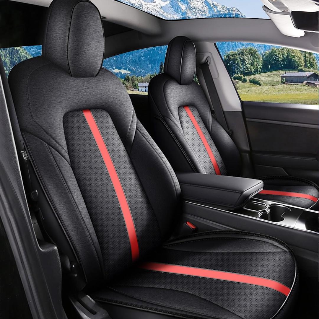 AOMSAZTO Car Seat Cover Fit for Tesla Model Y 2020 2024 - Half Surrounded Customized Seat Covers(Black with Red Stripe)