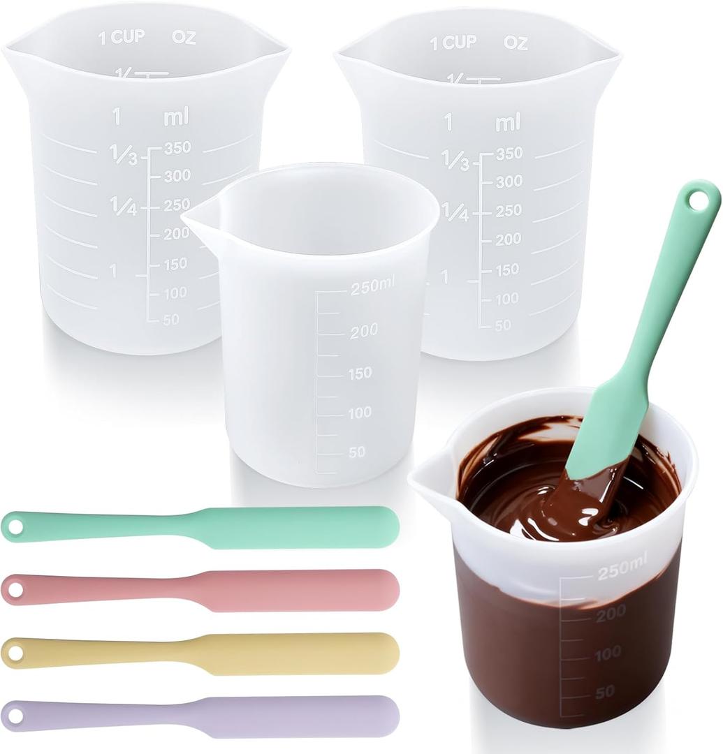 Palksky Silicone Chocolate Melting Cup Set with 4 Silicone Measuring Cups (250ml & 350ml) and 4PCS Heat-Resistant Jar Spatulas, Non-Stick Baking Tools for DIY Chocolate, Butter & Cream Mixing