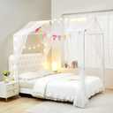 Mengersi House Bed Canopy Bed Curtains with Lights,Montessori Floor Bed Canopy for Girls Boys,Four Poster Bed Curtains House Bed Decoration (Twin/Twin XL, White)