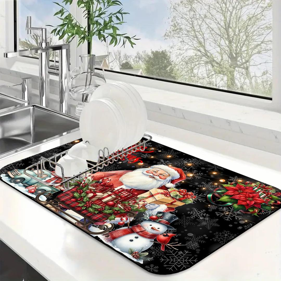Santa Claus Dish Drying Mats Super Absorbent Dish Drainer Rack Pad Non-Slip Drying Mat for Kitchen Counter, 24"x16" Picture Might Vary