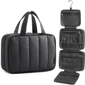 BAGSMART Travel Toiletry Bag For Women, Portable Hanging Hook Makeup Bag Organizer, Waterproof Makeup Cosmetic Bag, for Full-Size Accessories, Toiletries, Black (Large)