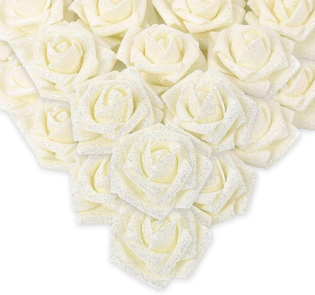 IPOPU Glitter Roses,50pcs Glitter Flowers Foam Rose with Stem for DIY Wedding Bridal Bouquet Home Party Christmas Decoration(Ivory)