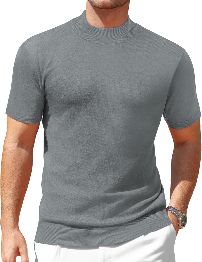 Vssjavun Men's Mock Neck Shirt Short Sleeve Turtleneck T-Shirt Slim Fit Pullover Casual Basic Tee (Large, Dark Grey)