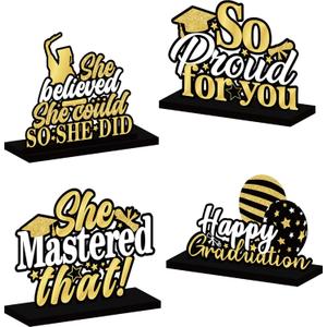 4 Pcs Black and Gold 2026 Grad Table Centerpieces, Wooden 2026 Graduation Centerpieces, Class of 2026 Signs for High School, College, Congrats Grad Graduation Party Decor Supplies