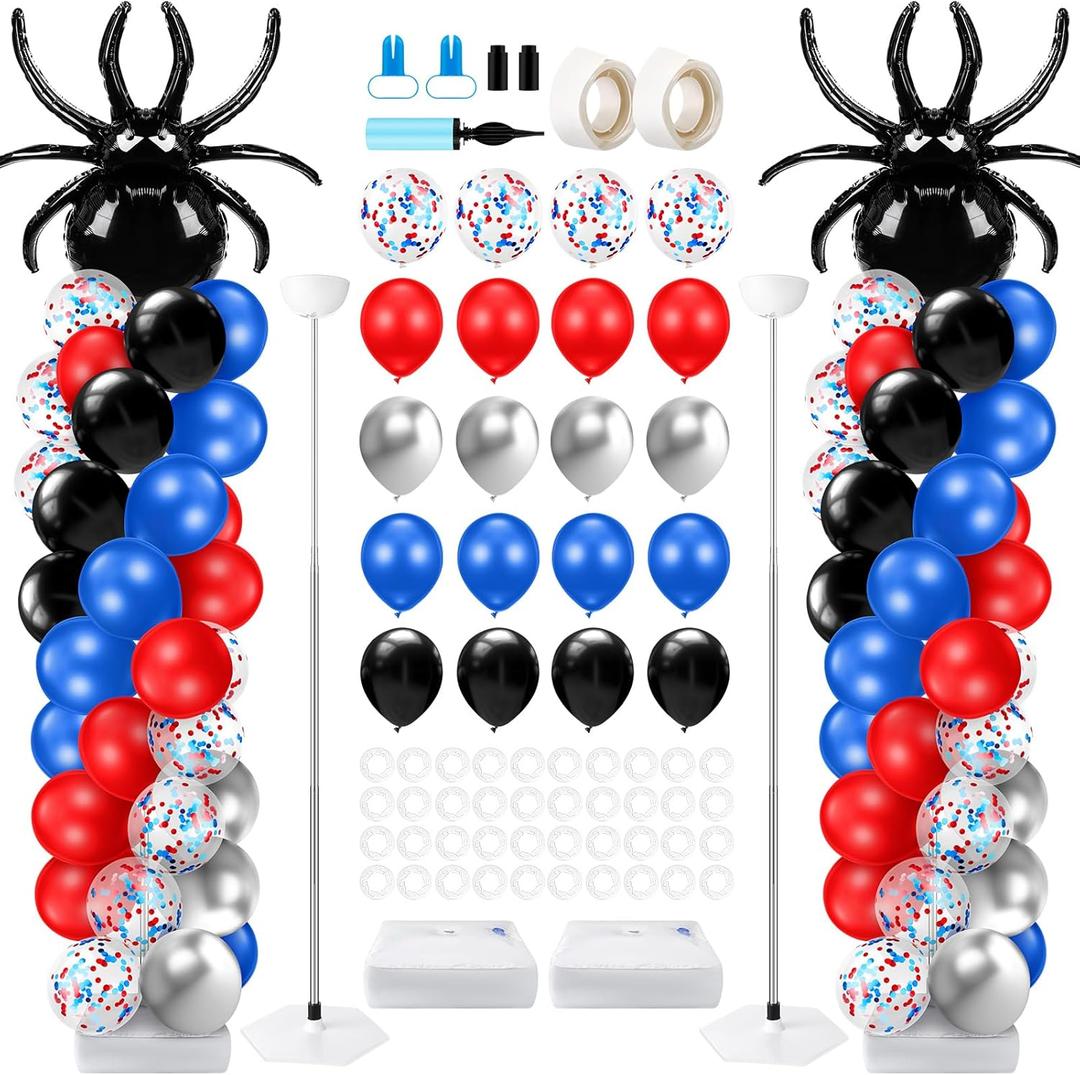 Kasyat 2 Sets Spider Party Balloon Column Stand Kit with 2 Spider and 100 Red Blue Black Latex Balloons, Adjustable Arch Stands for Birthday Baby Shower Hero Theme Party Decorations (31 Inch)
