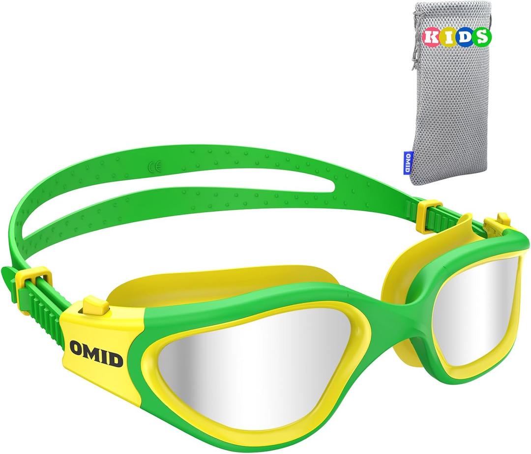 OMID Kids Swim Goggles, P2mini Polarized Swimming Goggles Comfortable for Age 6-14 (A7-mirrored Silver Lens Yellowgreen Frame)
