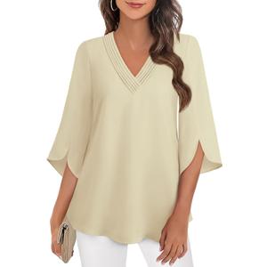 Women's 3/4 Sleeve Tops Pleated V Neck Business Casual Chffion Blouses Dressy Office Work Shirts Loose Fit Tunics (Beige, M)