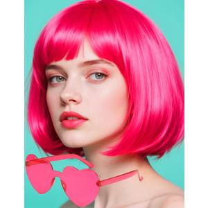 Pink Bob Wig with Heart Sunglasses - Heat-Resistant, Synthetic Fiber, Adjustable and Natural Looking