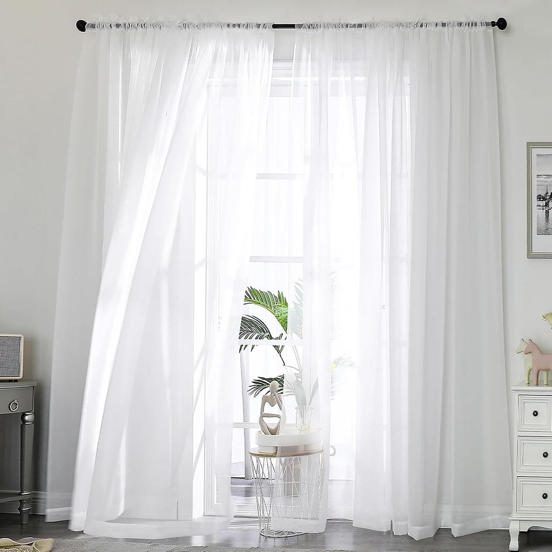 OWENIE Sheer White Curtains, Sheer Curtains 96 inches Long 2 Panels Set, Rod Pocket Voile Fimly Sheer Drapes for Living Room/Bedroom, 2pcs, Each 59" W x 96" L