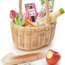 Tender Leaf Toys - Wicker Shopping Basket - Handcrafted Rattan Basket with Handle - Wooden Picnic Basket Playset, Supermarket Shopping Game, 15 Pcs Pretend Play Food Set - Age 3+