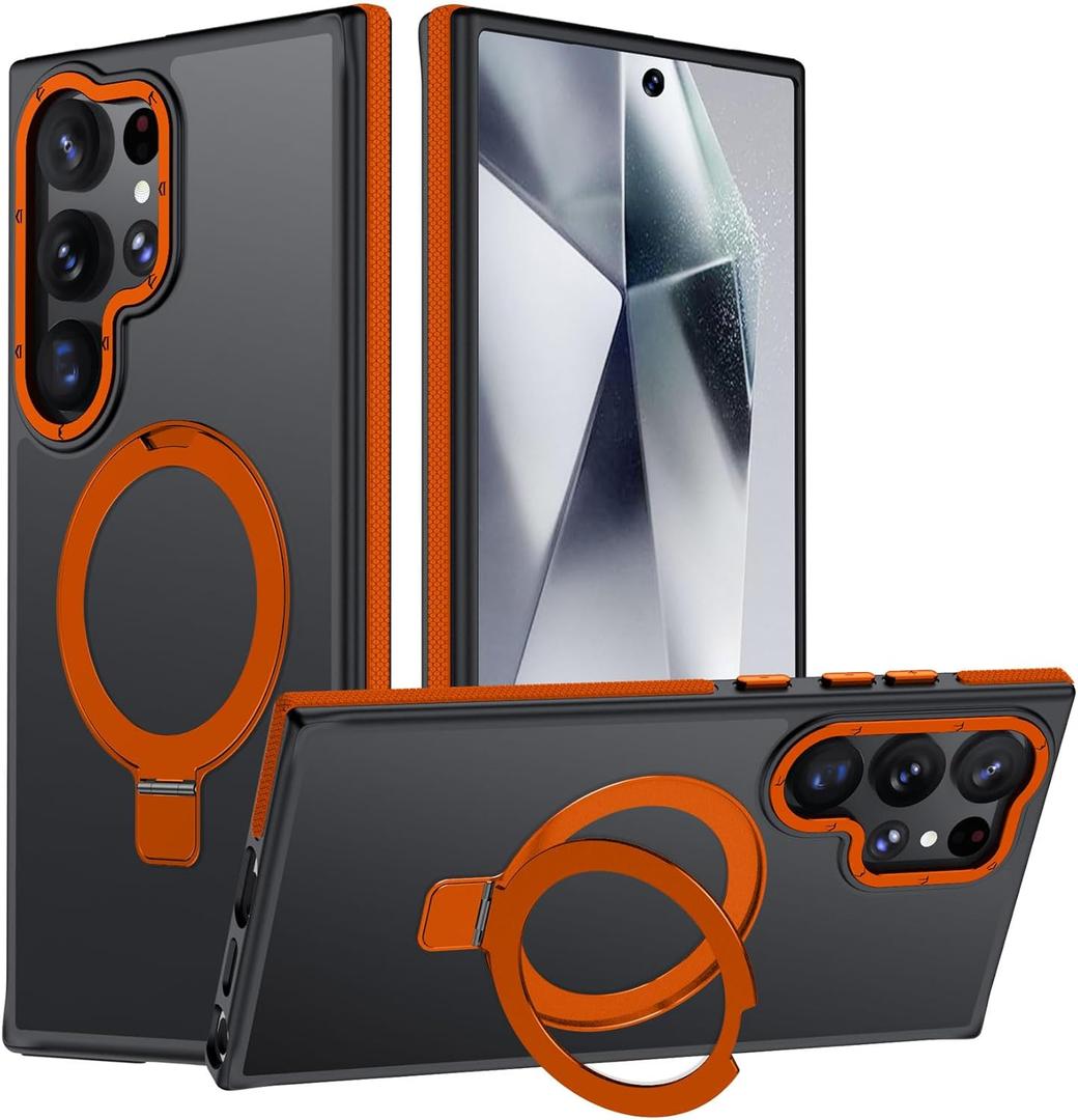 For Samsung Galaxy S24 Ultra Case, Magnetic Adjustable Ring Stand [Fit for Magsafe], [Military-Grade Shockproof Protection] Phone Case for S24 Ultra Case with Kickstand&Ring Holder (Orange)