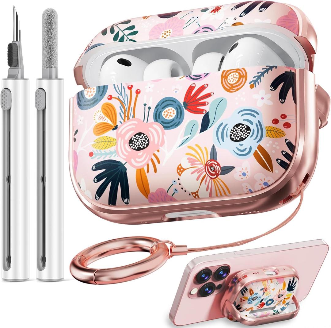Inesore Pink for AirPods Pro 3 Case 2025 with Lock, for Women Girly Floral Cute Case Compatible with Apple AirPods Pro 3rd Generation Cover, with Phone Stand, Keychain & Cleaner Kit -Pink Flower