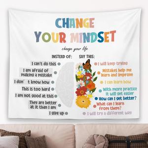 MNOSAIOO Mental Health Colorful Wall Tapestry Hanging for Classroom Kids, Change Your Mindset Tapestry, Inspirational Floral Tapestries Wall Decor for Bedroom Therapy Office School Counselor 60x50 in