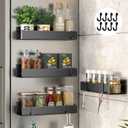 Magnetic Spice Rack for Refrigerator, 11.8 Inch Adhesive Wall Mount Spice Rack, Strong Magnetic Shelf for Refrigerator, Space Saving Kitchen Organizer with 8 Removable Hooks (Black, Pack of 4)