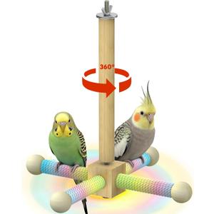 Pawfly 360 Rotating Bird Perch Toy, Interactive Spinning Bird Stand Parrot Perch, Natural Wooden Chew Toy for Small Birds, Cockatiel Toy, Parakeet Toy, Bird Toys for Parakeets, Bird Cage Accessories