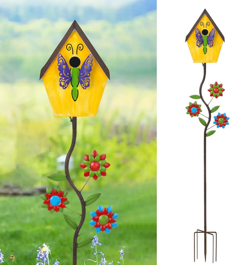 51 Bird Houses Stake for Outside, Metal Wild Bird Feeder Birdhouse Stake Pole with Butterfly Design Outdoor Decorations for Patio, Backyard, Garden