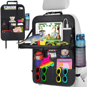 Car Back Seat Organizer, Storage Organizer with Foldable Table Tray and Tablet Holder, 11 Storage Pockets Kick Mats Back Seat Protector for Kids, Travel Accessories (1 Pack)