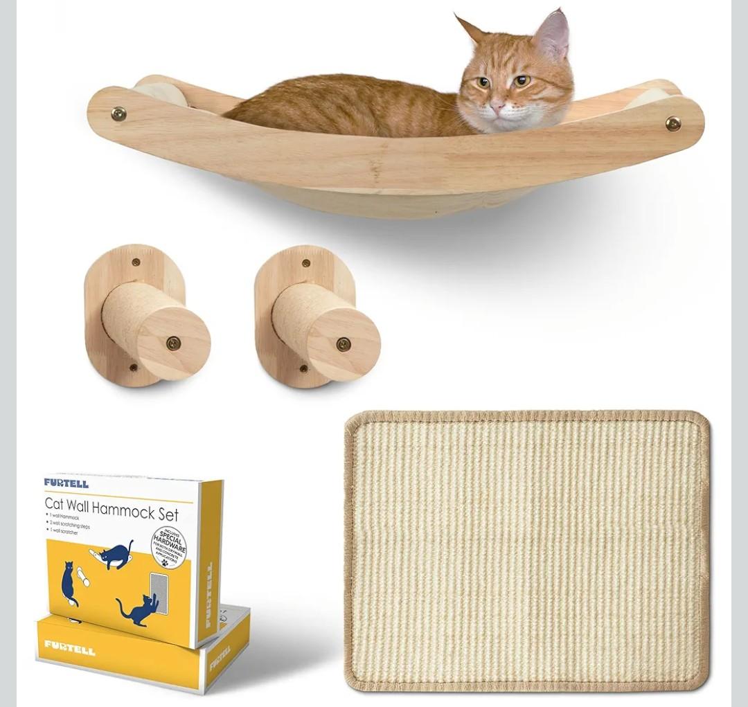 Furtell Cat Hammock Wall Set: Premium Cat Wall Hammock with Scratching Steps & Pad. Versatile and Friendly, Ideal Cat Climber for Indoor Cats. Includes Hardware for Concrete, Drywall & Hard Surfaces