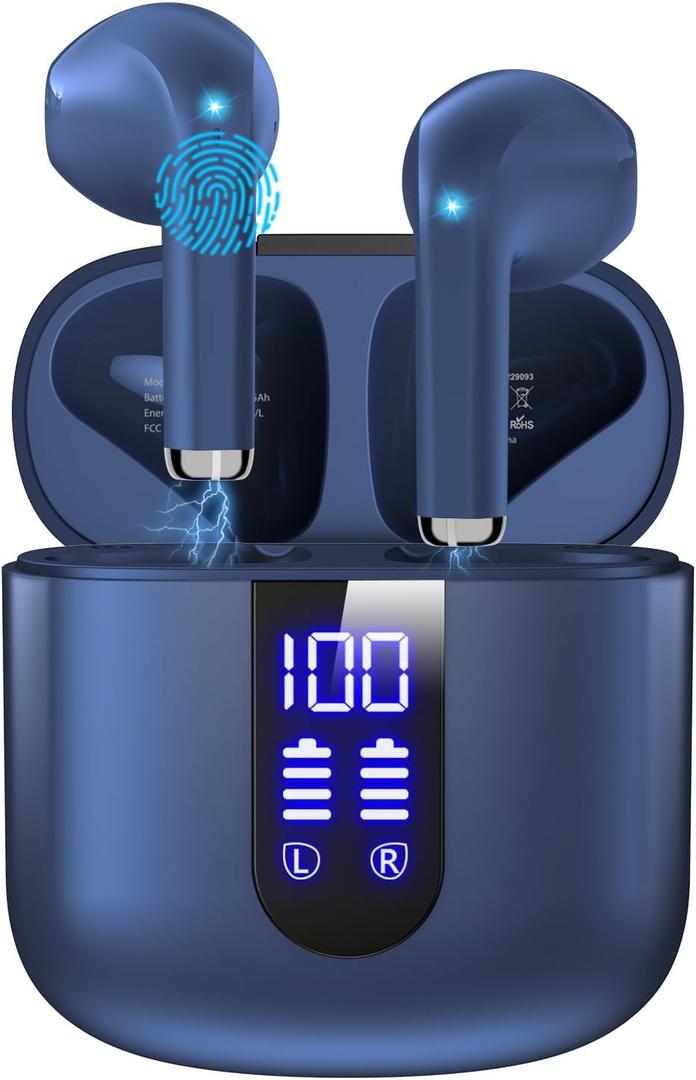 Bluetooth Headphones with Deep Bass Stereo, 48H Playback Ear Buds with LED Power Display, Lightweight