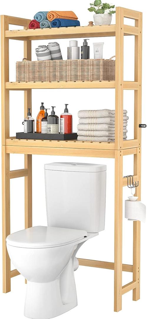 Homykic Over The Toilet Storage, 3-Tier Bamboo Bathroom Shelf with 3 Hooks, Above Toilet Organizer Rack Freestanding for Small Space, Restroom, Laundry, Easy Assembly, Natural (10.3"D x 24.8"W x 66.8"H)