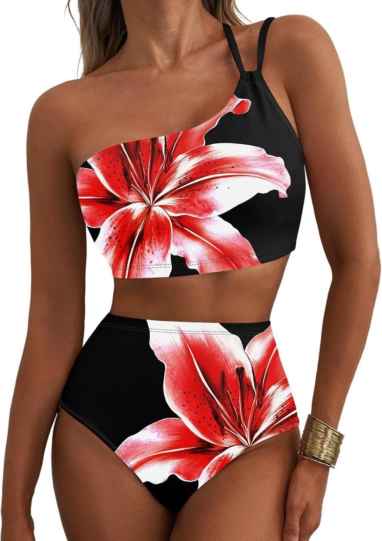 Herseas Women's High Waisted Bikini Sets One Shoulder Floral Print Swimsuits 2 Piece Tummy Control Bathing Suits (Black Red Floral, Small)