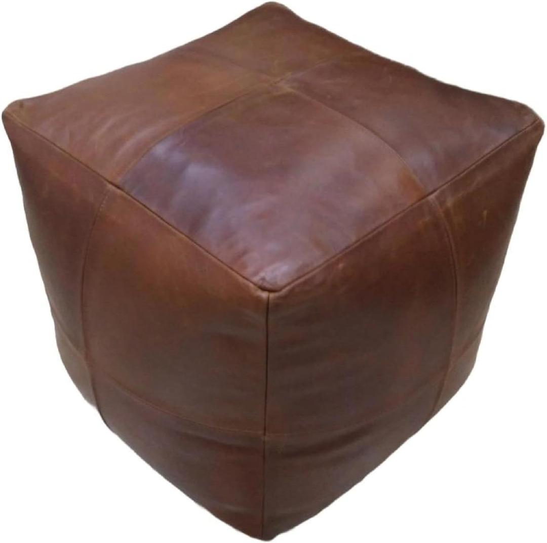 Rajeriya Square Leather Moroccan Pouf - Genuine Leather - Room Decor -Hassock & Ottoman Footstool - Square & Large Ottoman Pouf - Unstuffed (Brown Color)