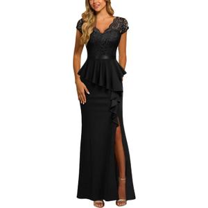 MISSMAY Women's Elegant Floral Lace Ruffle Split Cocktail Party Long Dress (Large, Black)