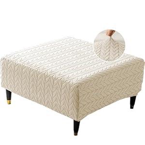 Ottoman Cover Square/Rectangle, Oversized Foot Stool Slip Cover, Jacquard Storage Footstool Furniture Protector with Elastic Band, Footrest Slipcovers Removable(Large, Herringbone White)