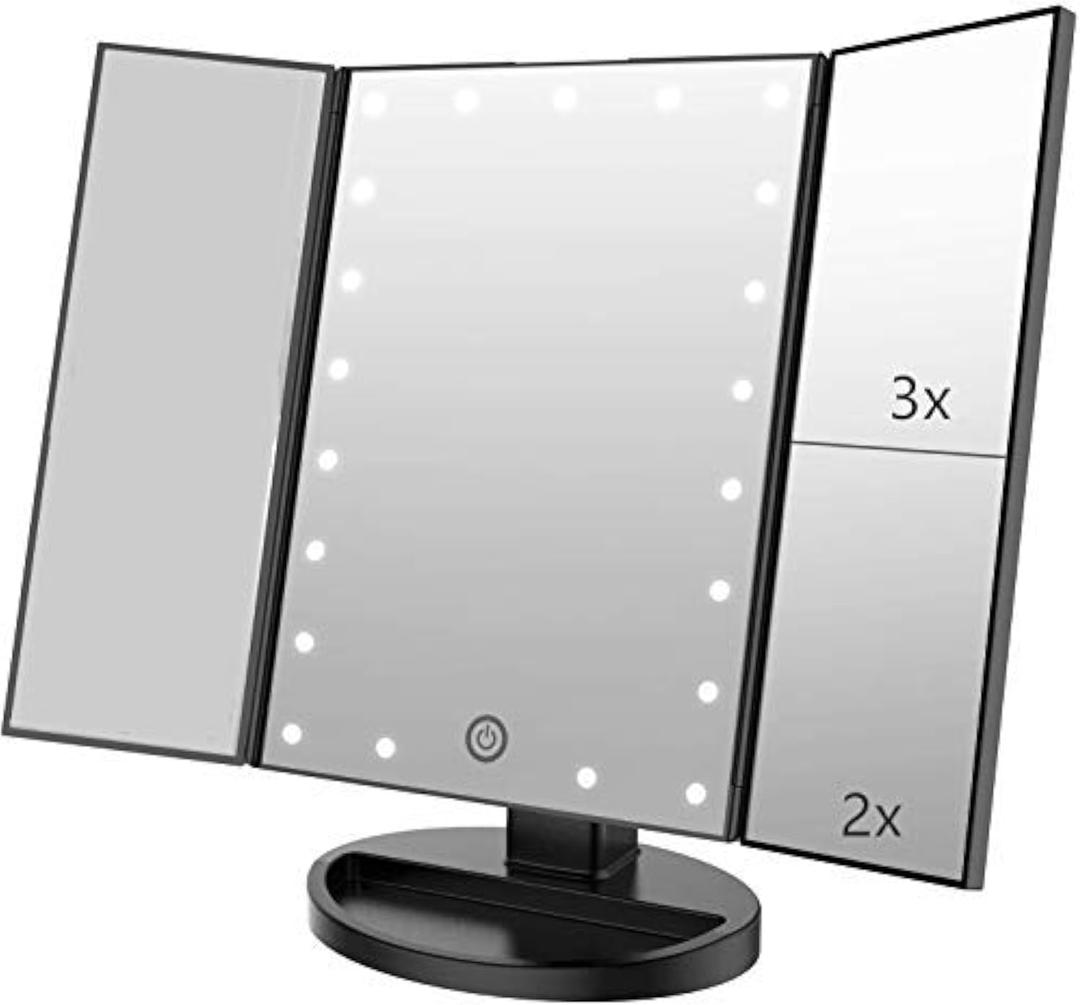 Trifold Makeup Mirror Vanity Mirror with Lights,1X 2X 3X Magnification,Touch Control, Adjustable Rotation, Dual Power Supply, Portable Travel Cosmetic Mirror, Birthday Gifts for Women, Teen Girls (Black)