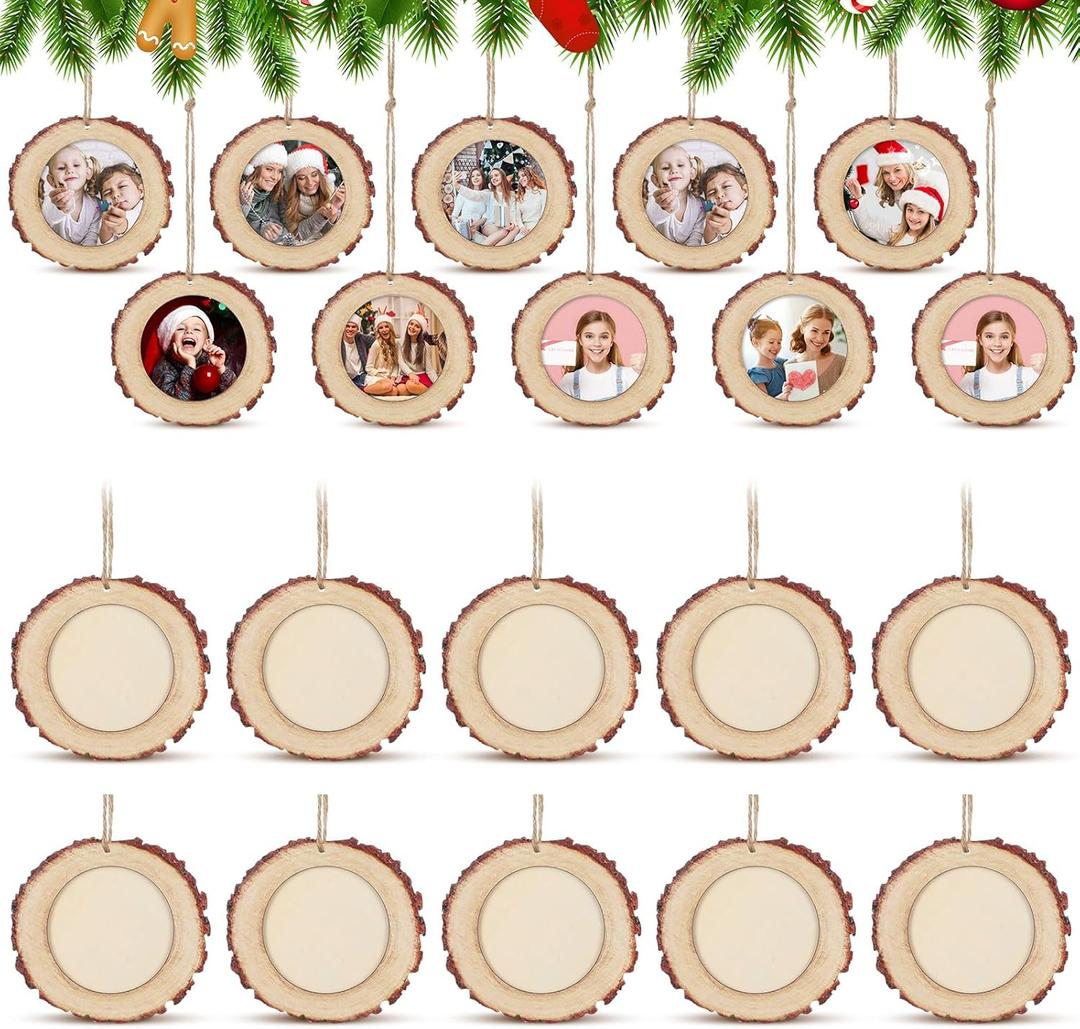 Wonderjune Round Picture Frames Wooden Christmas Picture Frame Ornaments for Christmas Tree Hanging Photo Ornaments Using My Own Photos(Khaki,Classic) (Brown and Beige)