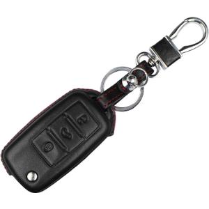 Men Women Genuine Leather Key Fob Cover For Volkswagen/For Skoda 3 Buttons Flip Car Remote Key Case Pouch with Key Ring Kit Keychain Holder Hook - Black