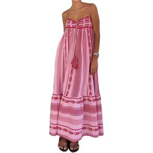 Women Boho Maxi Dress Crochet Patchwork Sleeveless Long Flowy Swing Dress Pink Beach Sundresses (Small)