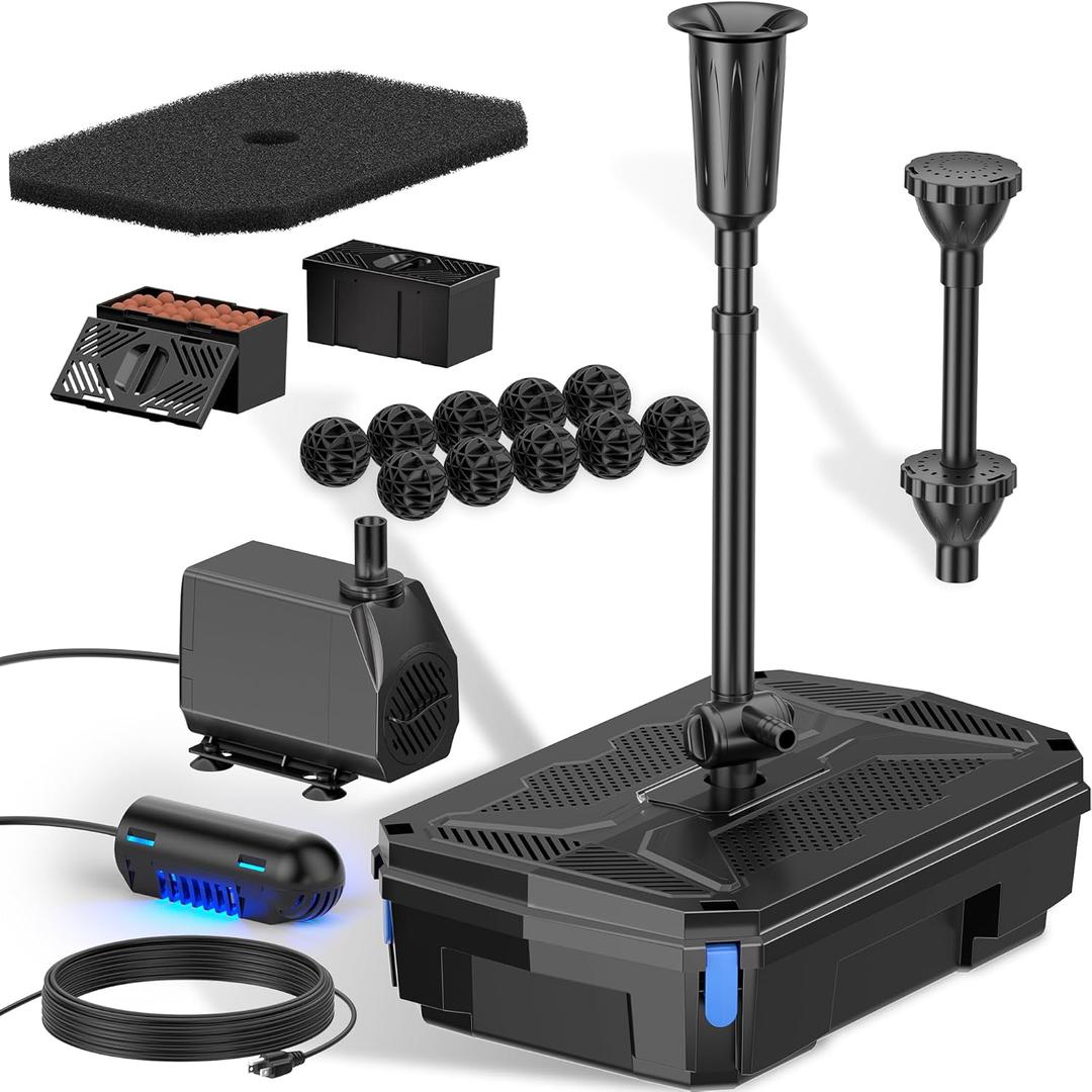 NFESOLAR All-in-one Pond Filter Fountain Kit, 660 GPH Submersible Water Pump with 3-Layer Filtration, UV Clarifier for Outdoor Ponds Up to 2000 Gallon, Fish Tank, Pool, Garden Waterscape N2390