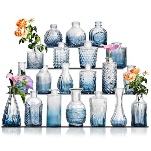 Glass Bud Vase Set of 17 - Small Vases for Flowers in Bulk - Assorted Vintage Crystal Vases for Flowers, Table Centerpieces (Blue, 17 Pcs)