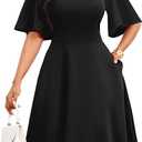 Nmoder Womens Wedding Guest Dress|A-Line Ruffle Flared Sleeve Summer Midi Dresses for Party Church Crewneck with Pockets, Size M