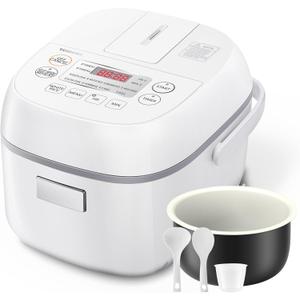Toshiba Mini Rice Cooker, 3 Cups Uncooked, for 1-3 People, Steamer and Warmer, Fuzzy Logic, One-Touch Cooking, 24-Hour Delay Timer, Auto Keep Warm, White