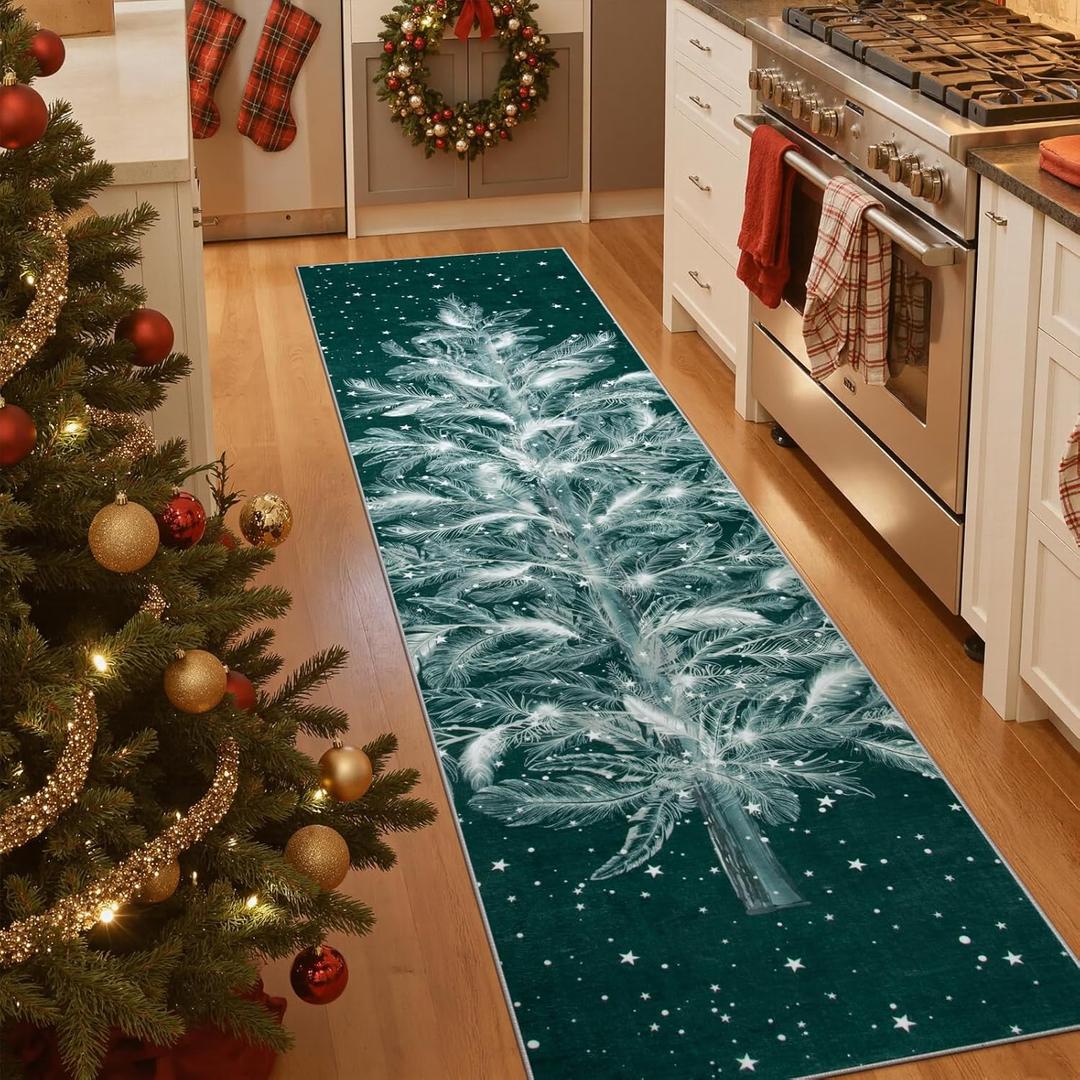 Lahome Christmas Kitchen Runner Rug 2x8,Christmas Runner Rug for Hallway Non-Slip Washable Entryway Rug Stain Resistant, Christmas Tree Print Holiday Decor Untra-Thin Runner for Bedroom Living (Green)