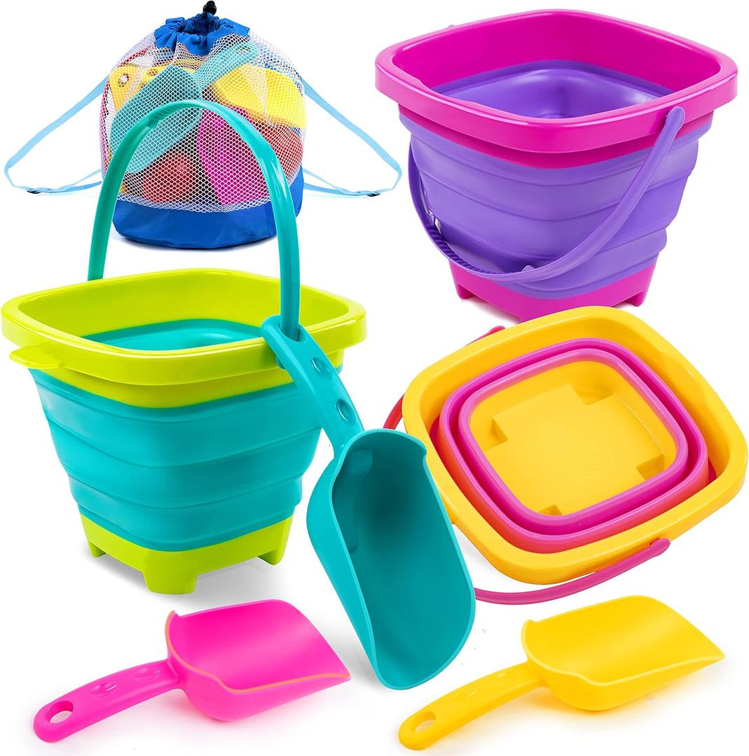 Sloosh 3 Packs Foldable Bucket - Collapsible Bucket with Sand Shovels and Mesh Backpack for Kids Toddlers Beach Toys, Easter Egg Hunt, Camping, Travelling and Fishing Water Pail (Pink/Purple/Green)