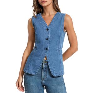 Kedera Denim Vest for Women Button Down Long Jean Waistcoat Casual Sleeveless Denim Jackets Slim Fit Jean Top (Blue, XXXL)