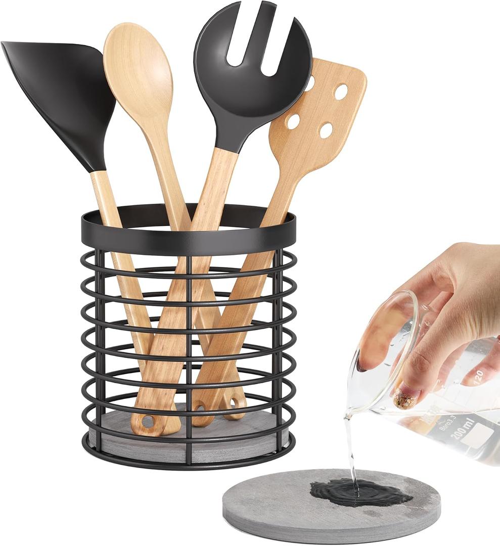 Utensil holder - Large Round Utensils Holder with Diatomaceous Base Matte Black Cooking Utensil Holder,Kitchen countertop Utensil Organizer (Metal)